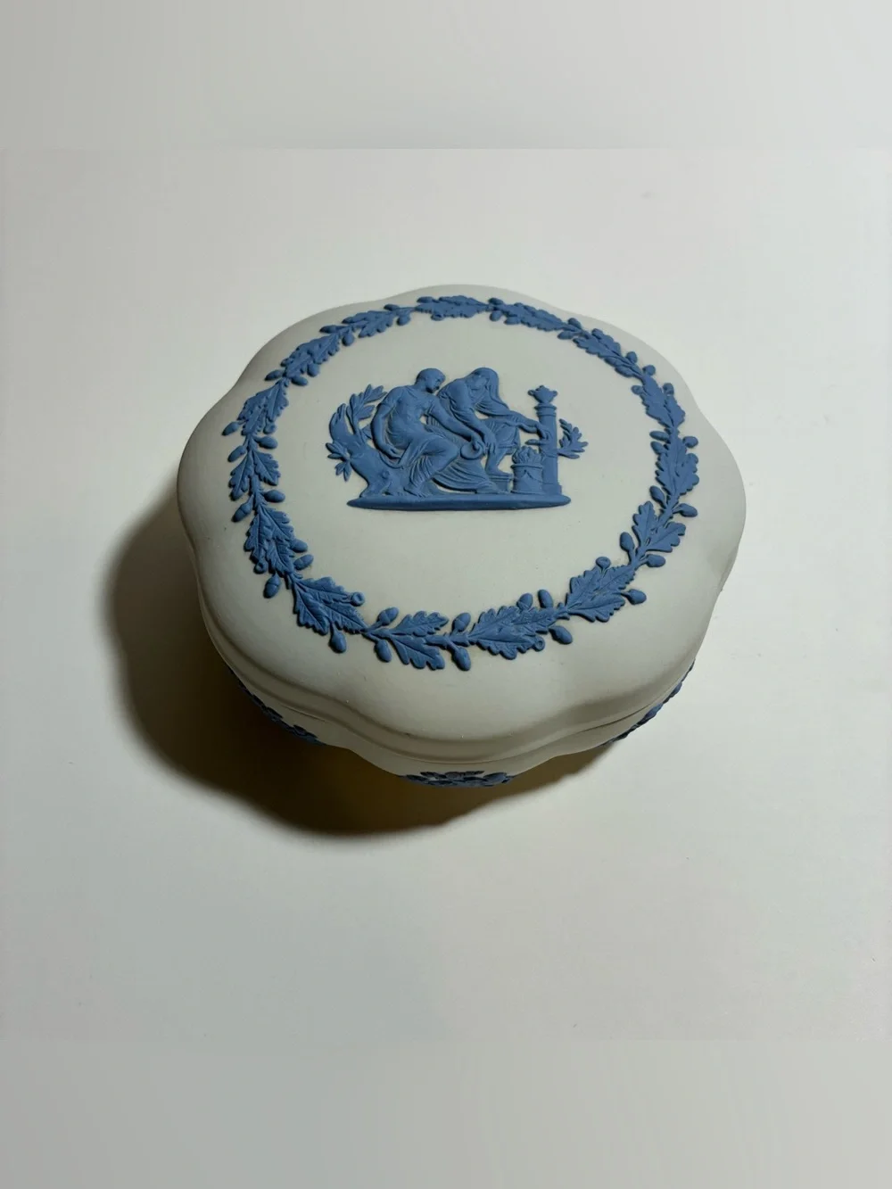 Vintage Wedgwood White & Blue Reverse Jasperware Scalloped Lidded Trinket Box
